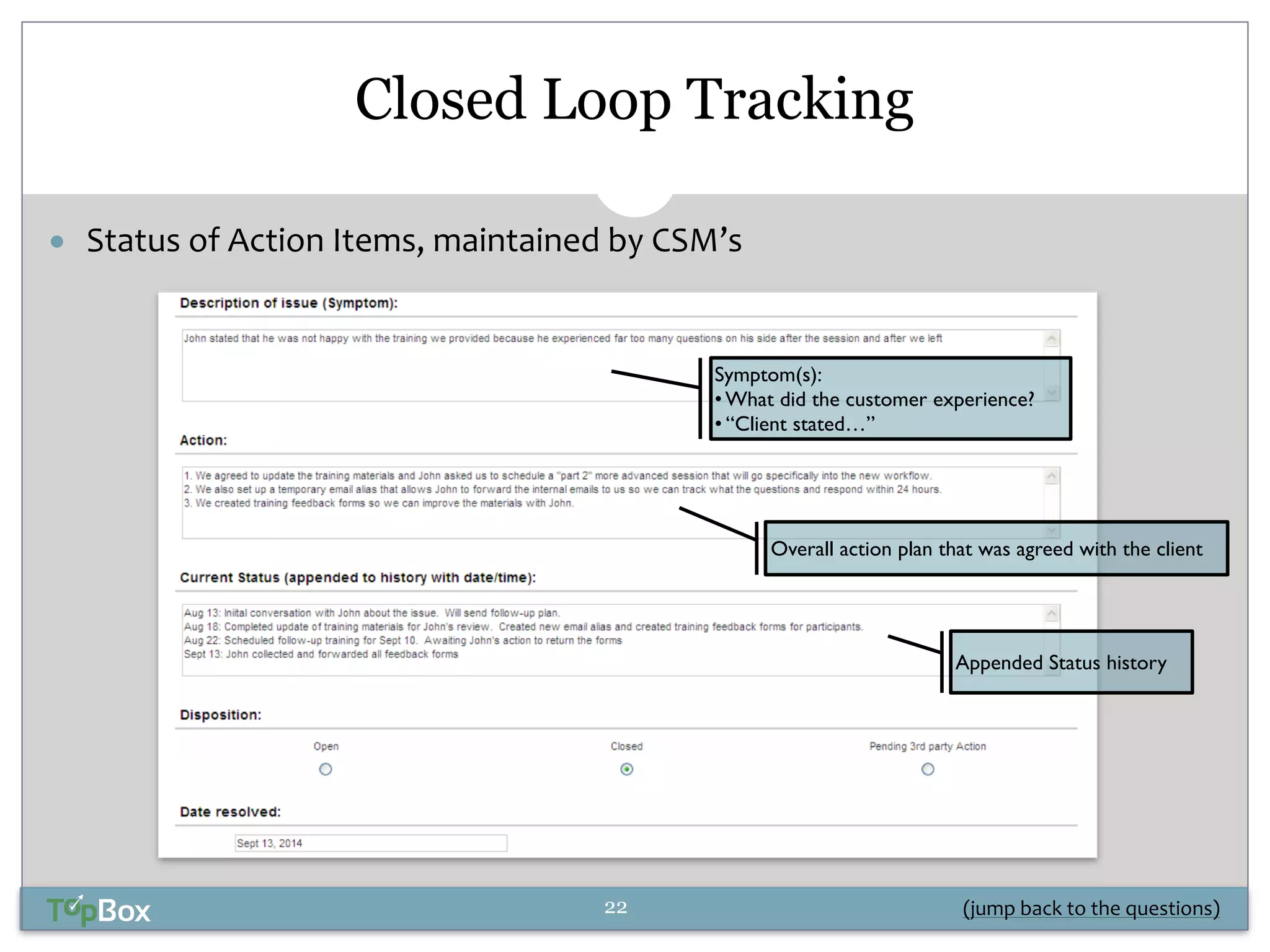 Closed Loop Tracking 
● Status 
of 
Action 
Items, 
maintained 
by 
CSM’s 
Symptom(s): 
• What did the customer experience? 
• “Client stated…” 
Overall action plan that was agreed with the client 
Appended Status history 
(jump 
back 
22 
to 
the 
questions) 
 