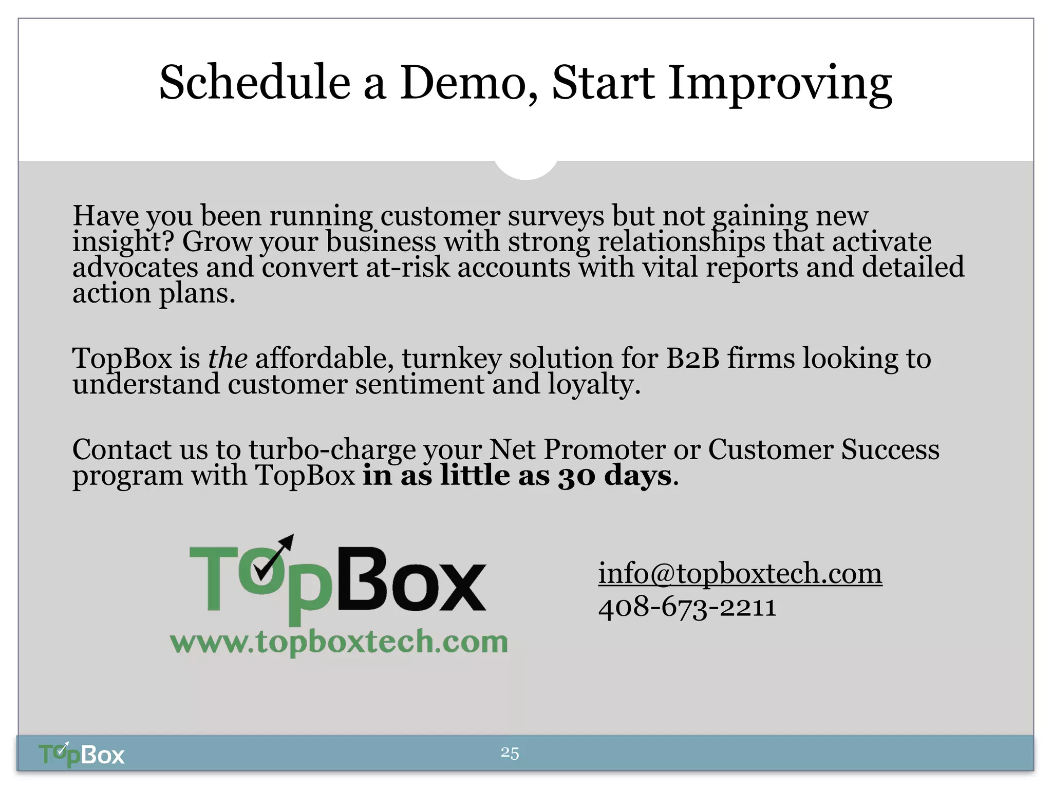 Schedule a Demo, Start Improving 
Have you been running customer surveys but not gaining new 
insight? Grow your business with strong relationships that activate 
advocates and convert at-risk accounts with vital reports and detailed 
action plans. 
! 
TopBox is the affordable, turnkey solution for B2B firms looking to 
understand customer sentiment and loyalty. 
! 
Contact us to turbo-charge your Net Promoter or Customer Success 
program with TopBox in as little as 30 days. 
!! 
info@topboxtech.com 
408-673-2211 
25 
