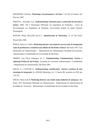 [ 83 ]
GRONROOS, Christian. Marketing: Gerenciamento e Serviços. 3 ed. Rio de Janeiro: Ed.
Elsevier, 2007.
INKOTTE, Alexandre Luz. Endomarketing: elementos para a construção de um marco
teórico. 2000. 144 f. Dissertação (Mestrado em Engenharia de Produção) - Curso de
Pós-Graduação em Engenharia de Produção, Universidade Federal de Santa Catarina,
Florianópolis
KOTLER, Philip; KELLER, Kevin L. Administração de Marketing. 12. ed. São Paulo:
Pretice Hall, 2006.
PONCE, Felícia A. Urbina. Marketing Interno: um estudo de caso no setor de franqueado
ramo de perfumaria e cosméticos nas cidades de São Paulo e Osasco. São Paulo 1995. Tese
(Doutorado em Administração) – Departamento de Administração Faculdade de Economia,
Administração e Contabilidade da Universidade de São Paulo.
SIMÕES, Ana Flávia Rodrigues de L., Endomarketing: Fundamentação Teórica e
Aplicação Prática de um Projeto, Faculdade de Economia, Administração e Contabilidade
- Departamento de Administração, São Paulo 2001
SOUZA, A. e SANTOS, G. Endomarketing: considerações teóricas e práticas de uma
estratégia de integração. In: ANPAD, Marketing, vol. 5. Canela, RS: setembro de 1992, pp.
116-129.
SOUZA, Maria José B. Marketing Interno: um estudo numa indústria de autopeças. São
Paulo, 1991. Dissertação (Mestrado em Administração) – Departamento de Administração da
Faculdade de Economia, Administração e Contabilidade da Universidade de São Paulo.
 