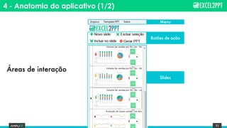 11
4 - Anatomia do aplicativo (1/2)
Botões de ação
Menu
Slides
Áreas de interação
 