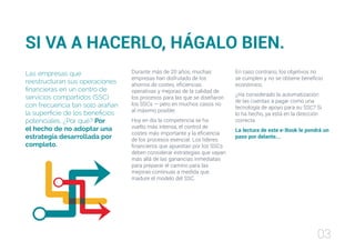 03
SI VA A HACERLO, HÁGALO BIEN.
Las empresas que
reestructuran sus operaciones
financieras en un centro de
servicios compartidos (SSC)
con frecuencia tan solo arañan
la superficie de los beneficios
potenciales. ¿Por qué? Por
el hecho de no adoptar una
estrategia desarrollada por
completo.
Durante más de 20 años, muchas
empresas han disfrutado de los
ahorros de costes, eficiencias
operativas y mejoras de la calidad de
los procesos para las que se diseñaron
los SSCs — pero en muchos casos no
al máximo posible.
Hoy en día la competencia se ha
vuelto más intensa, el control de
costes más importante y la eficiencia
de los procesos esencial. Los líderes
financieros que apuestan por los SSCs
deben considerar estrategias que vayan
más allá de las ganancias inmediatas
para preparar el camino para las
mejoras continuas a medida que
madure el modelo del SSC.
En caso contrario, los objetivos no
se cumplen y no se obtiene beneficio
económico.
¿Ha considerado la automatización
de las cuentas a pagar como una
tecnología de apoyo para su SSC? Si
lo ha hecho, ya está en la dirección
correcta.
La lectura de este e-Book le pondrá un
paso por delante...
 