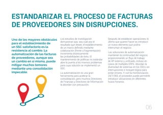 06
ESTANDARIZAR EL PROCESO DE FACTURAS
DE PROVEEDORES SIN DISRUPCIONES.
Uno de los mayores obstáculos
para el establecimiento de
un SSC satisfactorio es la
resistencia al cambio. La
automatización de las facturas
de proveedores, aunque sea
un cambio en sí misma, puede
mitigar muchos temores
mediante una consolidación
impecable.
Los estudios de investigación
demuestran que, sea cuál sea el
resultado que desee, el establecimiento
de un marco definido mediante
colaboración (frente a fragmentación)
incrementa drásticamente
las probabilidades de éxito. El
mantenimiento de políticas no estándar
abre la puerta a los mismos problemas
para cuya solución se implementó un
SSC.
La automatización es una gran
herramienta para acelerar la
consolidación, pero muchos Directores
de Finanzas y Directores de Información
la abordan con precaución.
Después de establecer operaciones, lo
último que quieren hacer es introducir
un nuevo elemento que podría
interrumpir el negocio.
Las soluciones de automatización
mantienen la continuidad del negocio
proporcionando un flujo de trabajo
de AP externo y unificado, incluso en
casos de múltiples ERPs. Abordan la
diversidad de sistemas en los SSCs sin
interrupciones e incluyen lógica para
evitar errores. Y, con la monitorización
24/7/365, el proveedor puede permitirle
introducir ubicaciones en diferentes
husos horarios.
 
