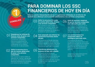 09
PARA DOMINAR LOS SSC
FINANCIEROS DE HOY EN DÍA
Definir la estructura de su
plan de cuentas global antes
de pasar a los servicios
compartidos.
Esto consiste no solo en definir el
segmento de “cuentas” real del plan
de cuentas, sino también los otros
elementos del bloque de imputación
y la manera en que se utilizarán.
Estar preparado para eliminar las
operaciones financieras dentro
del país.
Las economías de escala obtenidas
mediante el traslado del personal de
finanzas ubicado en el país a los SSCs
permiten a las organizaciones ofrecer
servicios de mayor valor a los países.
02
CONSEJOS
7
Estandarizar los sistemas de
finanzas antes de pasar a los
servicios compartidos.
Los servicios compartidos
financieros proporcionan los
mayores beneficios cuando se
implementan con un sistema
financiero de un solo proveedor.
01 04
Ésta es nuestra interpretación de las 7 sugerencias señaladas en el informe de
Gartner para efectuar una transición satisfactoria a los servicios compartidos:
Definir la estructura de su plan
de cuentas global antes de pasar
a los servicios compartidos.
Esto consiste no solo en definir el
segmento de “cuentas” real del plan
de cuentas, sino también los otros
elementos del bloque de imputación y
la manera en que se utilizarán.
03 Antes de continuar, asegúrese
de que los servicios compartidos
sean adecuados para usted.
Los Directores de Finanzas y de TI
deben evaluar exhaustivamente los
desafíos y los beneficios potenciales
antes de emprender el camino de los
servicios compartidos.
06
Los servicios financieros
compartidos deben ser
estratégicos para tener éxito.
Los proyectos de servicios
compartidos financieros tienen éxito
cuando forman parte de una iniciativa
de negocio estratégica con un claro
patrocinio del CEO y el Director de
Finanzas y el equipo de dirección
ejecutiva.
07
Estandarizar globalmente los
procesos de bajo valor añadido.
La mayoría de los ahorros de
costes obtenidos de los servicios
compartidos financieros se derivan de
la centralización de los procesos en
un pequeño número de SSCs situados
en regiones con mano de obra de
menor coste.
05
1
Implementing Finance Shared Services:
Benefits and Best Practices, 18 de
diciembre de 2012. Gartner.
 