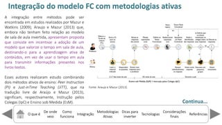 O que é
De onde
veio
Como
funciona
Integração
Dicas para
inverter
Metodologias
Ativas
ReferênciasTecnologias
Considerações
finais
A integração entre métodos pode ser
encontrada em estudos realizados por Mazur e
Watkins (2009); Araujo e Mazur (2013) que,
embora não tenham feito relação ao modelo
de sala de aula invertida, apresentam proposta
que consiste em incentivar a adoção de um
modelo que valorize o tempo em sala de aula,
destinando-o para a aprendizagem ativa de
conteúdos, em vez de usar o tempo em aula
para transmitir informações presentes nos
livros-textos.
Esses autores realizaram estudo combinando
dois métodos ativos de ensino: Peer Instruction
(PI) e Just-inTime Teaching (JiTT), que na
tradução livre de Araújo e Mazur (2013),
significam, respectivamente, Instrução pelos
Colegas (IpC) e Ensino sob Medida (EsM). Continua...
Integração do modelo FC com metodologias ativas
Fonte: Araujo e Mazur (2013).
 
