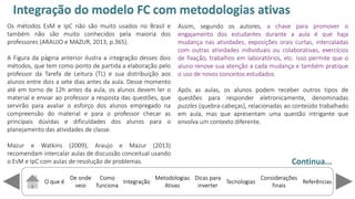 O que é
De onde
veio
Como
funciona
Integração
Dicas para
inverter
Metodologias
Ativas
ReferênciasTecnologias
Considerações
finais
Os métodos EsM e IpC não são muito usados no Brasil e
também não são muito conhecidos pela maioria dos
professores (ARAUJO e MAZUR, 2013, p.365).
A Figura da página anterior ilustra a integração desses dois
métodos, que tem como ponto de partida a elaboração pelo
professor da Tarefa de Leitura (TL) e sua distribuição aos
alunos entre dois a sete dias antes da aula. Desse momento
até em torno de 12h antes da aula, os alunos devem ler o
material e enviar ao professor a resposta das questões, que
servirão para avaliar o esforço dos alunos empregado na
compreensão do material e para o professor checar as
principais dúvidas e dificuldades dos alunos para o
planejamento das atividades de classe.
Mazur e Watkins (2009), Araujo e Mazur (2013)
recomendam intercalar aulas de discussão conceitual usando
o EsM e IpC com aulas de resolução de problemas.
Assim, segundo os autores, a chave para promover o
engajamento dos estudantes durante a aula é que haja
mudança nas atividades, exposições orais curtas, intercaladas
com outras atividades individuais ou colaborativas, exercícios
de fixação, trabalhos em laboratórios, etc. Isso permite que o
aluno renove sua atenção a cada mudança e também pratique
o uso de novos conceitos estudados.
Após as aulas, os alunos podem receber outros tipos de
questões para responder eletronicamente, denominadas
puzzles (quebra-cabeças), relacionadas ao conteúdo trabalhado
em aula, mas que apresentam uma questão intrigante que
envolva um contexto diferente.
Continua...
Integração do modelo FC com metodologias ativas
 
