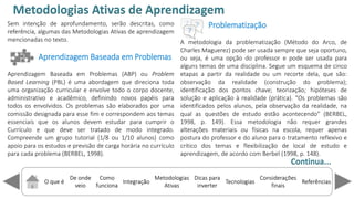 O que é
De onde
veio
Como
funciona
Integração
Dicas para
inverter
Metodologias
Ativas
ReferênciasTecnologias
Considerações
finais
Sem intenção de aprofundamento, serão descritas, como
referência, algumas das Metodologias Ativas de aprendizagem
mencionadas no texto.
Aprendizagem Baseada em Problemas
Aprendizagem Baseada em Problemas (ABP) ou Problem
Based Learning (PBL) é uma abordagem que direciona toda
uma organização curricular e envolve todo o corpo docente,
administrativo e acadêmico, definindo novos papéis para
todos os envolvidos. Os problemas são elaborados por uma
comissão designada para esse fim e correspondem aos temas
essenciais que os alunos devem estudar para cumprir o
Currículo e que deve ser tratado de modo integrado.
Compreende um grupo tutorial (1/8 ou 1/10 alunos) como
apoio para os estudos e previsão de carga horária no currículo
para cada problema (BERBEL, 1998).
Problematização
A metodologia da problematização (Método do Arco, de
Charles Maguerez) pode ser usada sempre que seja oportuno,
ou seja, é uma opção do professor e pode ser usada para
alguns temas de uma disciplina. Segue um esquema de cinco
etapas a partir da realidade ou um recorte dela, que são:
observação da realidade (construção do problema);
identificação dos pontos chave; teorização; hipóteses de
solução e aplicação à realidade (prática). Os problemas são
identificados pelos alunos, pela observação da realidade, na
qual as questões de estudo estão a o te e do (BERBEL,
1998, p. 149). Essa metodologia não requer grandes
alterações materiais ou físicas na escola, requer apenas
postura do professor e do aluno para o tratamento reflexivo e
crítico dos temas e flexibilização de local de estudo e
aprendizagem, de acordo com Berbel (1998, p. 148).
Metodologias Ativas de Aprendizagem
Continua...
 
