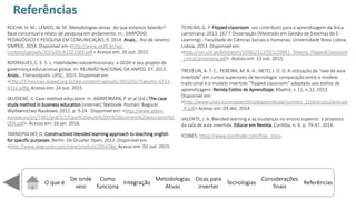 O que é
De onde
veio
Como
funciona
Integração
Dicas para
inverter
Metodologias
Ativas
ReferênciasTecnologias
Considerações
finais
ROCHA, H. M.; LEMOS, W. M. Metodologias ativas: do que estamos falando?
Base conceitual e relato de pesquisa em andamento. In.: SIMPÓSIO
PEDAGÓGICO E PESQUISA EM COMUNICAÇÃO, 9, 2014. Anais... Rio de Janeiro:
SIMPED, 2014. Disponível em:<http://www.aedb.br/wp-
content/uploads/2015/05/41321569.pdf.> Acesso em: 20 out. 2015.
RODRIGUES, C. E. S. L. Habilidades socioemocionais: a OCDE e seu projeto de
governança educacional global. In: REUNIÃO NACIONAL DA ANPED, 37, 2015.
Anais... Florianópolis: UFSC, 2015. Disponível em:
<http://37reuniao.anped.org.br/wp-content/uploads/2015/02/Trabalho-GT13-
4316.pdf>. Acesso em: 24 out. 2015.
SKUDIENÉ, V. Case method education. In: AMMERMAN, P. et al (Ed.).The case
study method in business education [internet] Textbook. Poznán: Bogucki
Wydawnictwo Naukowe, 2012. p. 9-24. Disponível em: <http://www.adam-
europe.eu/prj/7401/prd/3/2/Case%20study%20in%20business%20education%2
0EN.pdf>. Acesso em: 16 jan. 2016.
TARNOPOLSKY, O. Constructivist blended learning approach to teaching english
for specific purposes. Berlin: De Gruyter Open, 2012. Disponível em:
<http://www.degruyter.com/view/product/205438>. Acesso em: 02 out. 2015.
TEIXEIRA, G. P. Flipped classroom: um contributo para a aprendizagem da lírica
camoniana. 2013. 167 f. Dissertação (Mestrado em Gestão de Sistemas de E-
Learning) - Faculdade de Ciências Sociais e Humanas, Universidade Nova Lisboa,
Lisboa, 2013. Disponível em:
<http://run.unl.pt/bitstream/10362/11379/1/29841_Teixeira_FlippedClassroom
_LiricaCamoniana.pdf>. Acesso em: 13 out. 2015.
T‘EVELIN, A. T. C.; PE‘EI‘A, M. A. A.; NETO, J. D. O. A utilização da sala de aula
i ertida e ursos superiores de te ologia: o paração e tre o odelo
tradi io al e o odelo i ertido flipped lassroo adaptado aos estilos de
aprendizagem. Revista Estilos de Aprendizaje, Madrid, v. 11, n.12, 2013.
Disponível em:
<http://www.uned.es/revistaestilosdeaprendizaje/numero_12/articulos/articulo
_8.pdf> Acesso em: 03 dez. 2014.
VALENTE, J. A. Blended learning e as mudanças no ensino superior: a proposta
da sala de aula invertida. Educar em Revista, Curitiba, n. 4, p. 79-97, 2014.
ICONES. https://www.iconfinder.com/free_icons.
Referências
 