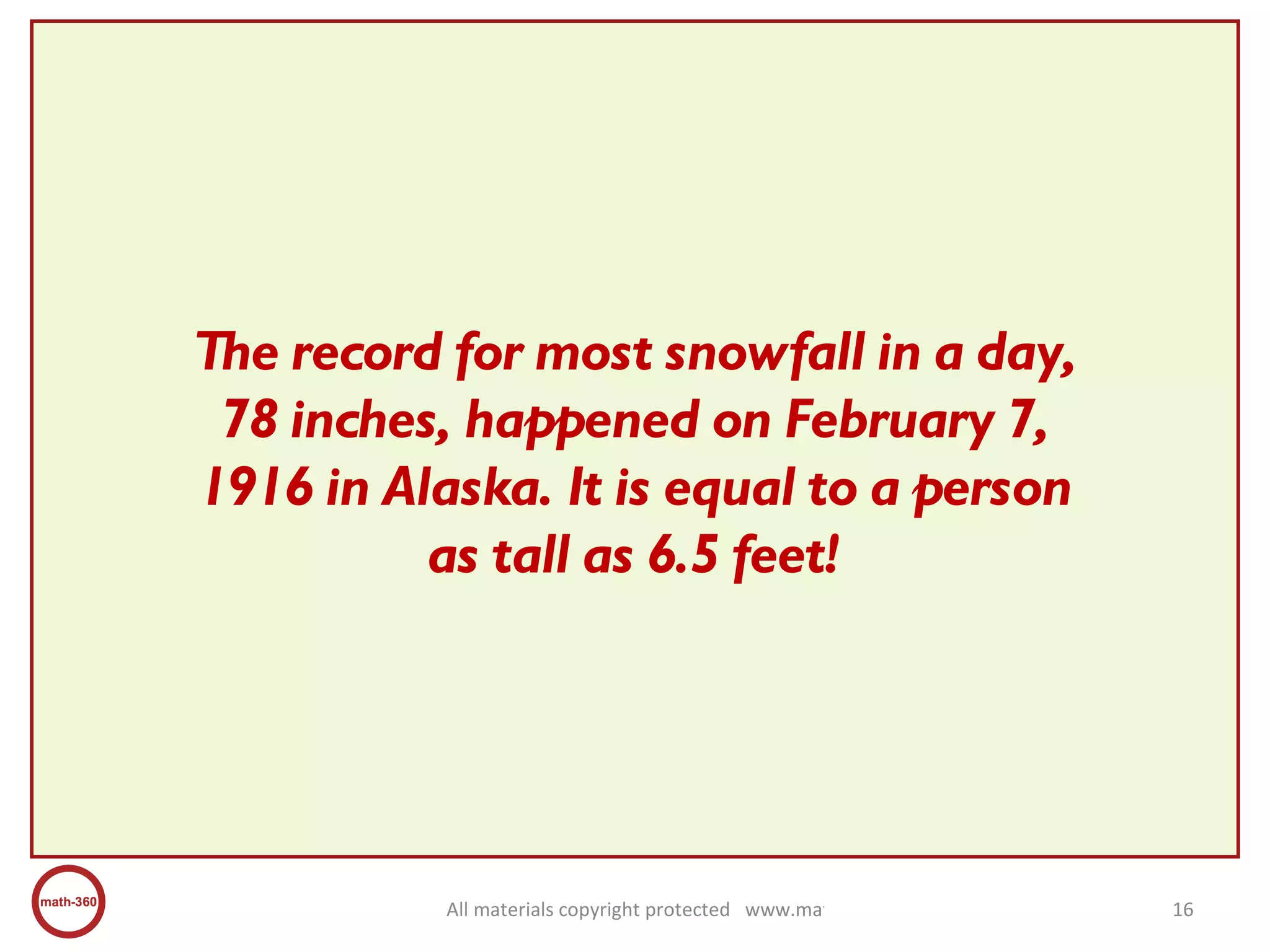 The record for most snowfall in a day, 78 inches, happened on February 7, 1916 in Alaska. It is equal to a person as tall as 6.5 feet! 