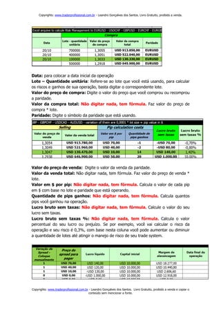 Copyrights: www.traderprofissional.com.br - Leandro Gonçalves dos Santos. Livro Gratuito, proibido a venda.




Data: para colocar a data inicial da operação
Lote – Quantidade unitária: Refere-se ao lote que você está usando, para calcular
os riscos e ganhos de sua operação, basta digitar o correspondente lote.
Valor do preço de compra: Digite o valor do preço que você comprou ou recomprou
a paridade.
Valor da compra total: Não digitar nada, tem fórmula. Faz valor do preço de
compra * lote.
Paridade: Digite o símbolo da paridade que está usando.




Valor do preço de venda: Digite o valor da venda da paridade.
Valor da venda total: Não digitar nada, tem fórmula. Faz valor do preço de venda *
lote.
Valor em $ por pip: Não digitar nada, tem fórmula. Calcula o valor de cada pip
em $ com base no lote e paridade que está operando.
Quantidade de pips ganhos: Não digitar nada, tem fórmula. Calcula quantos
pips você ganhou na operação.
Lucro bruto sem taxas: Não digitar nada, tem fórmula. Calcule o valor do seu
lucro sem taxas.
Lucro bruto sem taxas %: Não digitar nada, tem fórmula. Calcula o valor
percentual do seu lucro ou prejuízo. Se por exemplo, você vai calcular o risco da
operação e seu risco é 0,3%, com base nesta coluna você pode aumentar ou diminuir
a quantidade de lotes até atingir o manejo de risco de seu trade system.




Copyrights: www.traderprofissional.com.br - Leandro Gonçalves dos Santos. Livro Gratuito, proibido a venda e copiar o
                                         conteúdo sem mencionar a fonte.
 