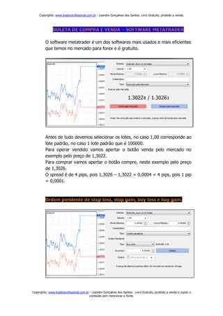 Copyrights: www.traderprofissional.com.br - Leandro Gonçalves dos Santos. Livro Gratuito, proibido a venda.




         O software metatrader é um dos softwares mais usados e mais eficientes
         que temos no mercado para forex e é gratuito.




         Antes de tudo devemos selecionar os lotes, no caso 1,00 corresponde ao
         lote padrão, no caso 1 lote padrão que é 100000.
         Para operar vendido vamos apertar o botão venda pelo mercado no
         exemplo pelo preço de 1,3022.
         Para comprar vamos apertar o botão compre, neste exemplo pelo preço
         de 1,3026.
         O spread é de 4 pips, pois 1,3026 – 1,3022 = 0,0004 = 4 pips, pois 1 pip
         = 0,0001.




Copyrights: www.traderprofissional.com.br - Leandro Gonçalves dos Santos. Livro Gratuito, proibido a venda e copiar o
                                         conteúdo sem mencionar a fonte.
 