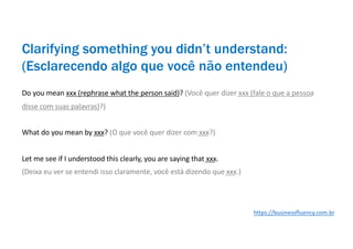 Do you mean xxx (rephrase what the person said)? (Você quer dizer xxx (fale o que a pessoa
disse com suas palavras)?)
What do you mean by xxx? (O que você quer dizer com xxx?)
Let me see if I understood this clearly, you are saying that xxx.
(Deixa eu ver se entendi isso claramente, você está dizendo que xxx.)
Clarifying something you didn’t understand:
(Esclarecendo algo que você não entendeu)
https://businessfluency.com.br
 