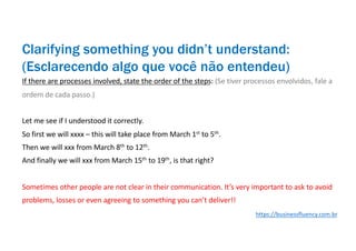 If there are processes involved, state the order of the steps: (Se tiver processos envolvidos, fale a
ordem de cada passo.)
Let me see if I understood it correctly.
So first we will xxxx – this will take place from March 1st
to 5th
.
Then we will xxx from March 8th
to 12th
.
And finally we will xxx from March 15th
to 19th
, is that right?
Sometimes other people are not clear in their communication. It’s very important to ask to avoid
problems, losses or even agreeing to something you can’t deliver!!
Clarifying something you didn’t understand:
(Esclarecendo algo que você não entendeu)
https://businessfluency.com.br
 