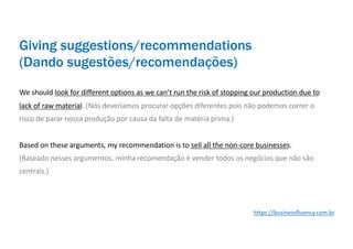 We should look for different options as we can’t run the risk of stopping our production due to
lack of raw material. (Nós deveríamos procurar opções diferentes pois não podemos correr o
risco de parar nossa produção por causa da falta de matéria prima.)
Based on these arguments, my recommendation is to sell all the non-core businesses.
(Baseado nesses argumentos, minha recomendação é vender todos os negócios que não são
centrais.)
Giving suggestions/recommendations
(Dando sugestões/recomendações)
https://businessfluency.com.br
 