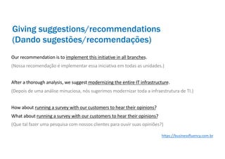 Our recommendation is to implement this initiative in all branches.
(Nossa recomendação é implementar essa iniciativa em todas as unidades.)
After a thorough analysis, we suggest modernizing the entire IT infrastructure.
(Depois de uma análise minuciosa, nós sugerimos modernizar toda a infraestrutura de TI.)
How about running a survey with our customers to hear their opinions?
What about running a survey with our customers to hear their opinions?
(Que tal fazer uma pesquisa com nossos clientes para ouvir suas opiniões?)
Giving suggestions/recommendations
(Dando sugestões/recomendações)
https://businessfluency.com.br
 
