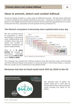 29Prevent, detect and combat Adfraud
Ideas to prevent, detect and combat Adfraud
Fraud has always existed in a wide range of different business. We talk about AdFraud
in online marketing since digital advertising was born . However, we began to talk more
about it since digital has become the second in terms of advertising spend and is on track
to become the first, especially with the growth of the connected TV.
The Martech ecosystem is becoming more sophisticated every day
We are currently facing
an ecosystem in which
technology is becoming
more sophisticated and
complex every day and
where the number of
Martech companies has
grown exponentially.
Only in a 6 years
period the number of
companies increased
from around 150 in 2011
up to 7.000 in 2018.
Source: Marketing Technology Media LLC
Source: Juniper Research
This situation has caused that Adfraud systems have also become more sophisticated
and that AdFraud figures have grown to worrying levels in the United States, a country
that we usually use as a reference to see global trends.
Revenues lost due to fraud could reach 30% by 2022 in the US
We estimate that 14 billion US
dollars were lost in 2017 due to
fraud and that the current evolution
could increase this figure to 44
billion.
 