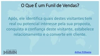 O Que É um Funil de Vendas?
Arthur P.Oliveira
Após, ele identifica quais destes visitantes tem
real ou potencial interesse pela sua proposta,
conquista a confiança deste visitante, estabelece
relacionamento e o converte em cliente.
 