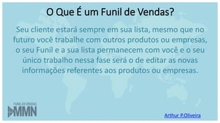O Que É um Funil de Vendas?
Arthur P.Oliveira
Seu cliente estará sempre em sua lista, mesmo que no
futuro você trabalhe com outros produtos ou empresas,
o seu Funil e a sua lista permanecem com você e o seu
único trabalho nessa fase será o de editar as novas
informações referentes aos produtos ou empresas.
 
