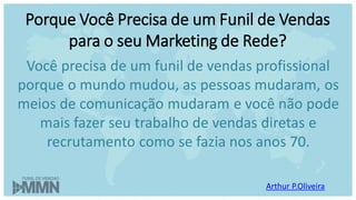 Arthur P.Oliveira
Você precisa de um funil de vendas profissional
porque o mundo mudou, as pessoas mudaram, os
meios de comunicação mudaram e você não pode
mais fazer seu trabalho de vendas diretas e
recrutamento como se fazia nos anos 70.
Porque Você Precisa de um Funil de Vendas
para o seu Marketing de Rede?
 