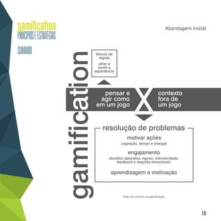 16
Abordagem inicial
Visão do conceito de gamificação.
pensar e
agir como
em um jogo
contexto
fora de
um jogo
blocos de
regras
olhar e
sentir a
experiência
resolução de problemas
gamification
aprendizagem e motivação
motivar ações
cognição, tempo e energia
engajamento
desafios abstratos, regras, interatividade,
feedback e reações emocionais
 