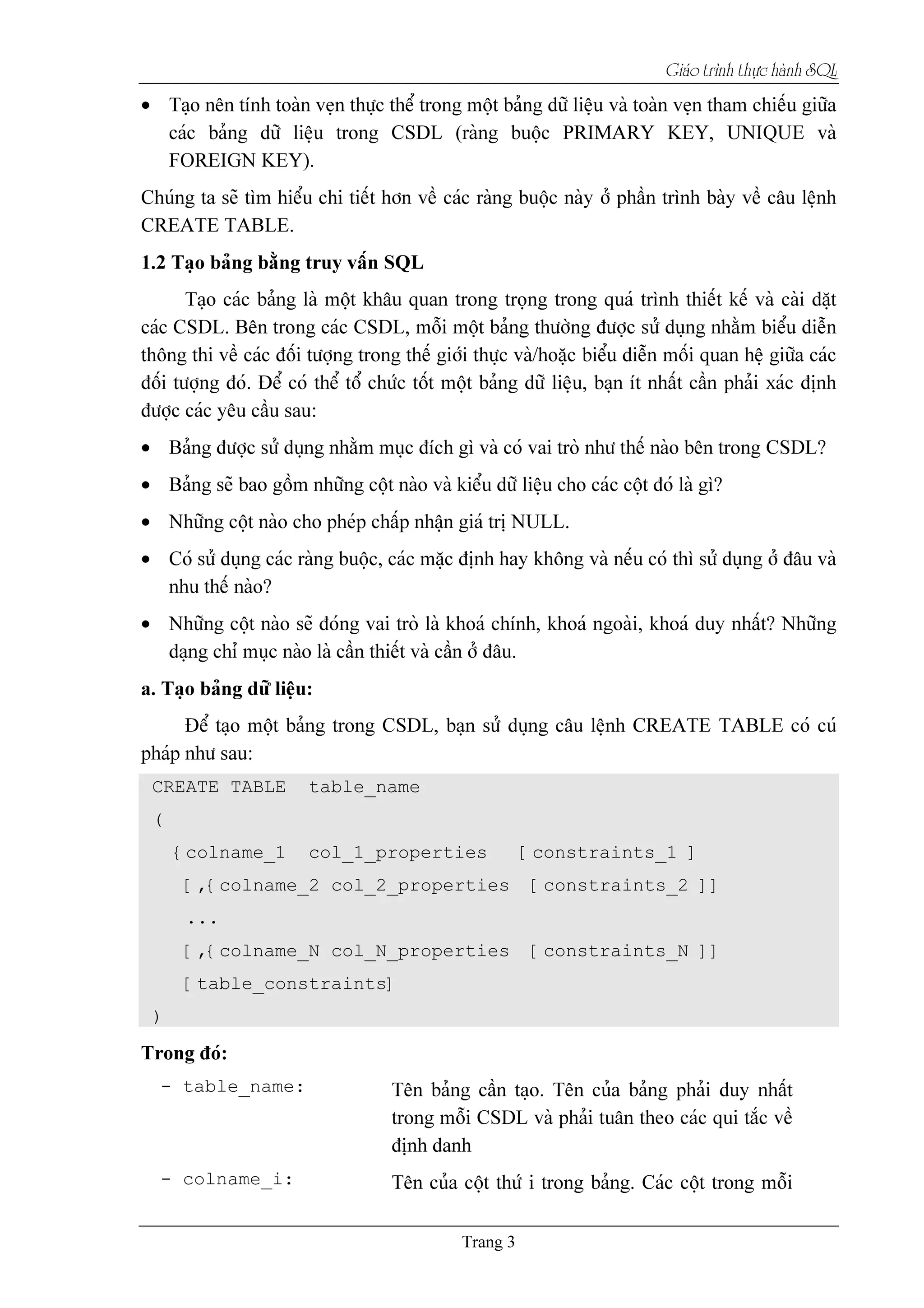 Giaïo trçnh thæûc haình SQL
•
•
•
•
•
•
CREATE TABLE table_name
(
{colname_1 col_1_properties [constraints_1 ]
[,{colname_2 col_2_properties [constraints_2 ]]
...
[,{colname_N col_N_properties [constraints_N ]]
[table_constraints]
)
- table_name:
- colname_i:
 