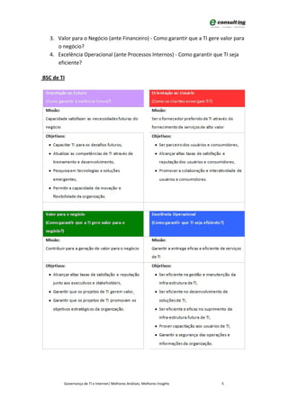 3. Valor para o Negócio (ante Financeiro) - Como garantir que a TI gere valor para
      o negócio?
   4. Excelência Operacional (ante Processos Internos) - Como garantir que TI seja
      eficiente?

BSC de TI




         Governança de TI e Internet| Melhores Análises, Melhores Insights   5
 