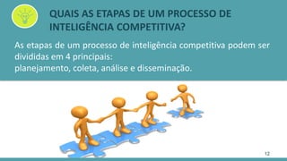 12
QUAIS AS ETAPAS DE UM PROCESSO DE
INTELIGÊNCIA COMPETITIVA?
As etapas de um processo de inteligência competitiva podem ...