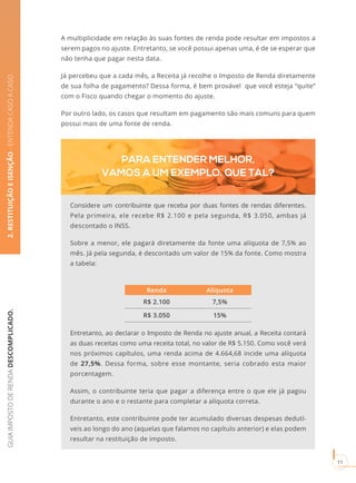 GUIAIMPOSTODERENDADESCOMPLICADO.
11
2.RESTITUIÇÃOEISENÇÃO-ENTENDACASOACASO
A multiplicidade em relação às suas fontes de renda pode resultar em impostos a
serem pagos no ajuste. Entretanto, se você possui apenas uma, é de se esperar que
não tenha que pagar nesta data.
Já percebeu que a cada mês, a Receita já recolhe o Imposto de Renda diretamente
de sua folha de pagamento? Dessa forma, é bem provável que você esteja “quite”
com o Fisco quando chegar o momento do ajuste.
Por outro lado, os casos que resultam em pagamento são mais comuns para quem
possui mais de uma fonte de renda.
PARA ENTENDER MELHOR,
VAMOS A UM EXEMPLO. QUE TAL?
Considere um contribuinte que receba por duas fontes de rendas diferentes.
Pela primeira, ele recebe R$ 2.100 e pela segunda, R$ 3.050, ambas já
descontado o INSS.
Sobre a menor, ele pagará diretamente da fonte uma alíquota de 7,5% ao
mês. Já pela segunda, é descontado um valor de 15% da fonte. Como mostra
a tabela:
Renda Alíquota
R$ 2.100 7,5%
R$ 3.050 15%
Entretanto, ao declarar o Imposto de Renda no ajuste anual, a Receita contará
as duas receitas como uma receita total, no valor de R$ 5.150. Como você verá
nos próximos capítulos, uma renda acima de 4.664,68 incide uma alíquota
de 27,5%. Dessa forma, sobre esse montante, seria cobrado esta maior
porcentagem.
Assim, o contribuinte teria que pagar a diferença entre o que ele já pagou
durante o ano e o restante para completar a alíquota correta.
Entretanto, este contribuinte pode ter acumulado diversas despesas dedutí-
veis ao longo do ano (aquelas que falamos no capítulo anterior) e elas podem
resultar na restituição de imposto.
 