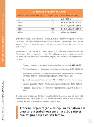 GUIAIMPOSTODERENDADESCOMPLICADO.
21
4.IMPOSTODERENDAEM2018-SAIBAPRAZOSEVALORES
Alíquotas Imposto de Renda
Parcela a deduzir do IRPF (R$) Alíquota (%) Base de cálculo (R$)
- - Até 1.903,98
142,8 7,5 De 1.903,99 até 2.826,65
354,8 15 De 2.826,66 até 3.751,05
636,13 22,5 De 3.751,06 até 4.664,68
869,36 27,5 Acima de 4.664,68
Entretanto, a cada ano, a Receita Federal atualiza o valor mínimo para declaração
de acordo com vários indicadores econômicos. Alguns contribuintes, dessa forma,
pagam o imposto durante o ano, mas se encontram abaixo do valor mínimo
estabelecido.
Nesses casos, a declaração terá como objetivo principal a restituição do Imposto de
Renda. Contribuintes aguardam essas informações para terem certeza se pagarão
no ajuste anual e de quanto será o valor. Veja na lista abaixo se você se enquadra
no perfil:
Pessoas que receberam rendimentos tributáveis acima de R$ 28.559,70;
Contribuintes que receberam rendimentos isentos acima de R$ 40.000,00;
Aqueles que obtiveram, em qualquer mês do ano passado, ganho de capital
na venda de bens ou realizou operações na Bolsa de Valores;
Quem obteve receita bruta acima de R$ 145.789,50 em atividades rurais;
Aqueles que até 31/12/2017 tinham posses somando mais de R$ 300 mil;
Todos que passaram a ser residentes no Brasil em qualquer mês do ano
base.
É certo que o Imposto de Renda eventualmente fará parte da vida de todos nós.
Por mais que seja um assunto que faça muitos torcerem o nariz, se bem estudado, é
possível perceber que não é um processo complicado.
Atenção, organização e disciplina transformam
uma tarefa trabalhosa em uma ação simples
que exigirá pouco do seu tempo.
 