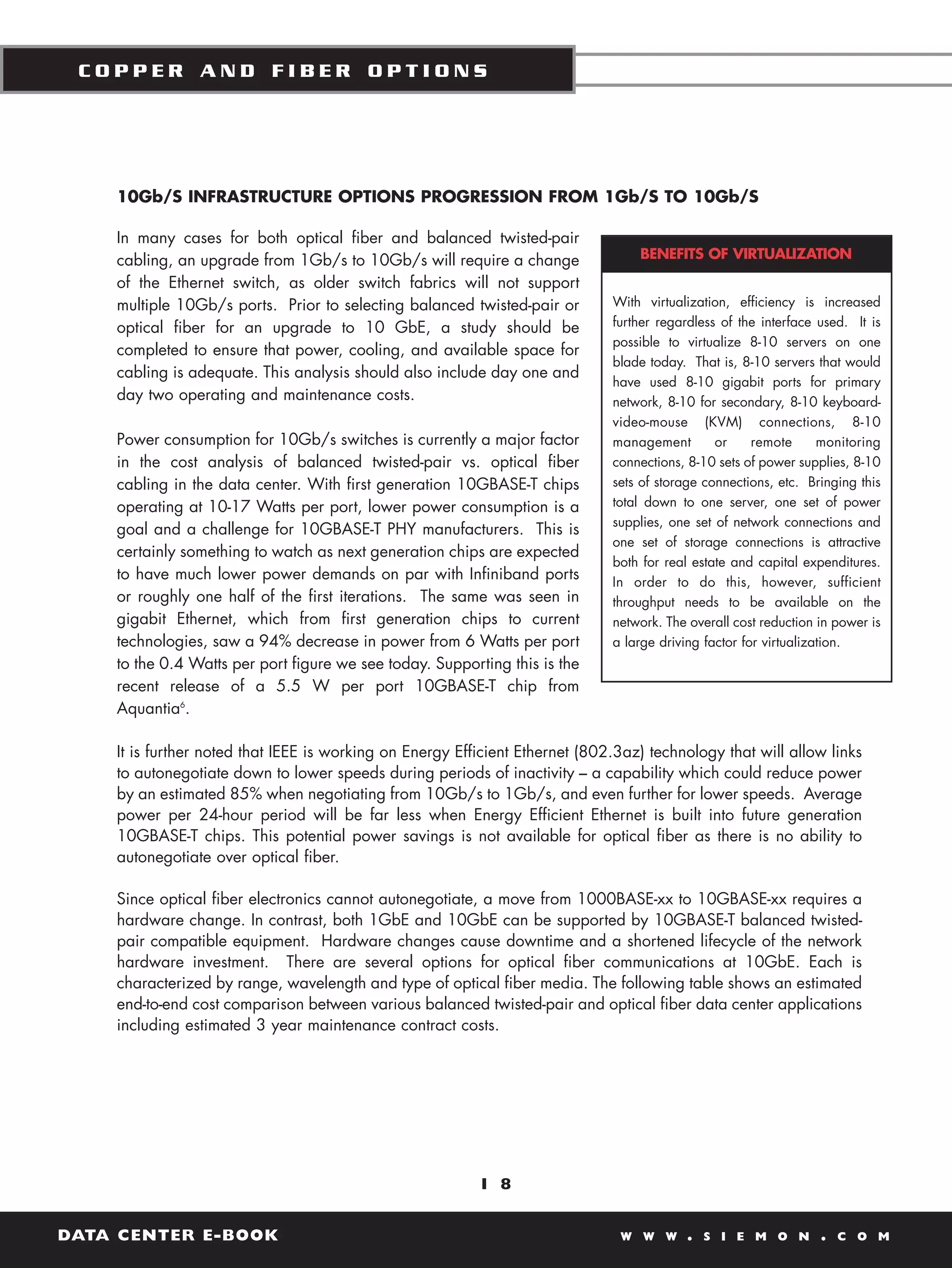 COPPER AND FIBER OPTIONS




    10Gb/S INFRASTRUCTURE OPTIONS PROGRESSION FROM 1Gb/S TO 10Gb/S

    In many cases for both optical fiber and balanced twisted-pair
    cabling, an upgrade from 1Gb/s to 10Gb/s will require a change                BENEFITS OF VIRTUALIZATION

    of the Ethernet switch, as older switch fabrics will not support
    multiple 10Gb/s ports. Prior to selecting balanced twisted-pair or        With virtualization, efficiency is increased
    optical fiber for an upgrade to 10 GbE, a study should be                 further regardless of the interface used. It is
                                                                              possible to virtualize 8-10 servers on one
    completed to ensure that power, cooling, and available space for
                                                                              blade today. That is, 8-10 servers that would
    cabling is adequate. This analysis should also include day one and
                                                                              have used 8-10 gigabit ports for primary
    day two operating and maintenance costs.                                  network, 8-10 for secondary, 8-10 keyboard-
                                                                              video-mouse (KVM) connections, 8-10
    Power consumption for 10Gb/s switches is currently a major factor         management        or     remote      monitoring
    in the cost analysis of balanced twisted-pair vs. optical fiber           connections, 8-10 sets of power supplies, 8-10
    cabling in the data center. With first generation 10GBASE-T chips         sets of storage connections, etc. Bringing this
    operating at 10-17 Watts per port, lower power consumption is a           total down to one server, one set of power
                                                                              supplies, one set of network connections and
    goal and a challenge for 10GBASE-T PHY manufacturers. This is
                                                                              one set of storage connections is attractive
    certainly something to watch as next generation chips are expected
                                                                              both for real estate and capital expenditures.
    to have much lower power demands on par with Infiniband ports             In order to do this, however, sufficient
    or roughly one half of the first iterations. The same was seen in         throughput needs to be available on the
    gigabit Ethernet, which from first generation chips to current            network. The overall cost reduction in power is
    technologies, saw a 94% decrease in power from 6 Watts per port           a large driving factor for virtualization.
    to the 0.4 Watts per port figure we see today. Supporting this is the
    recent release of a 5.5 W per port 10GBASE-T chip from
    Aquantia6.

    It is further noted that IEEE is working on Energy Efficient Ethernet (802.3az) technology that will allow links
    to autonegotiate down to lower speeds during periods of inactivity – a capability which could reduce power
    by an estimated 85% when negotiating from 10Gb/s to 1Gb/s, and even further for lower speeds. Average
    power per 24-hour period will be far less when Energy Efficient Ethernet is built into future generation
    10GBASE-T chips. This potential power savings is not available for optical fiber as there is no ability to
    autonegotiate over optical fiber.

    Since optical fiber electronics cannot autonegotiate, a move from 1000BASE-xx to 10GBASE-xx requires a
    hardware change. In contrast, both 1GbE and 10GbE can be supported by 10GBASE-T balanced twisted-
    pair compatible equipment. Hardware changes cause downtime and a shortened lifecycle of the network
    hardware investment. There are several options for optical fiber communications at 10GbE. Each is
    characterized by range, wavelength and type of optical fiber media. The following table shows an estimated
    end-to-end cost comparison between various balanced twisted-pair and optical fiber data center applications
    including estimated 3 year maintenance contract costs.




                                                          1 8


DATA CENTER E-BOOK                                                             W W W       .   S I E M O N        .   C O M
 