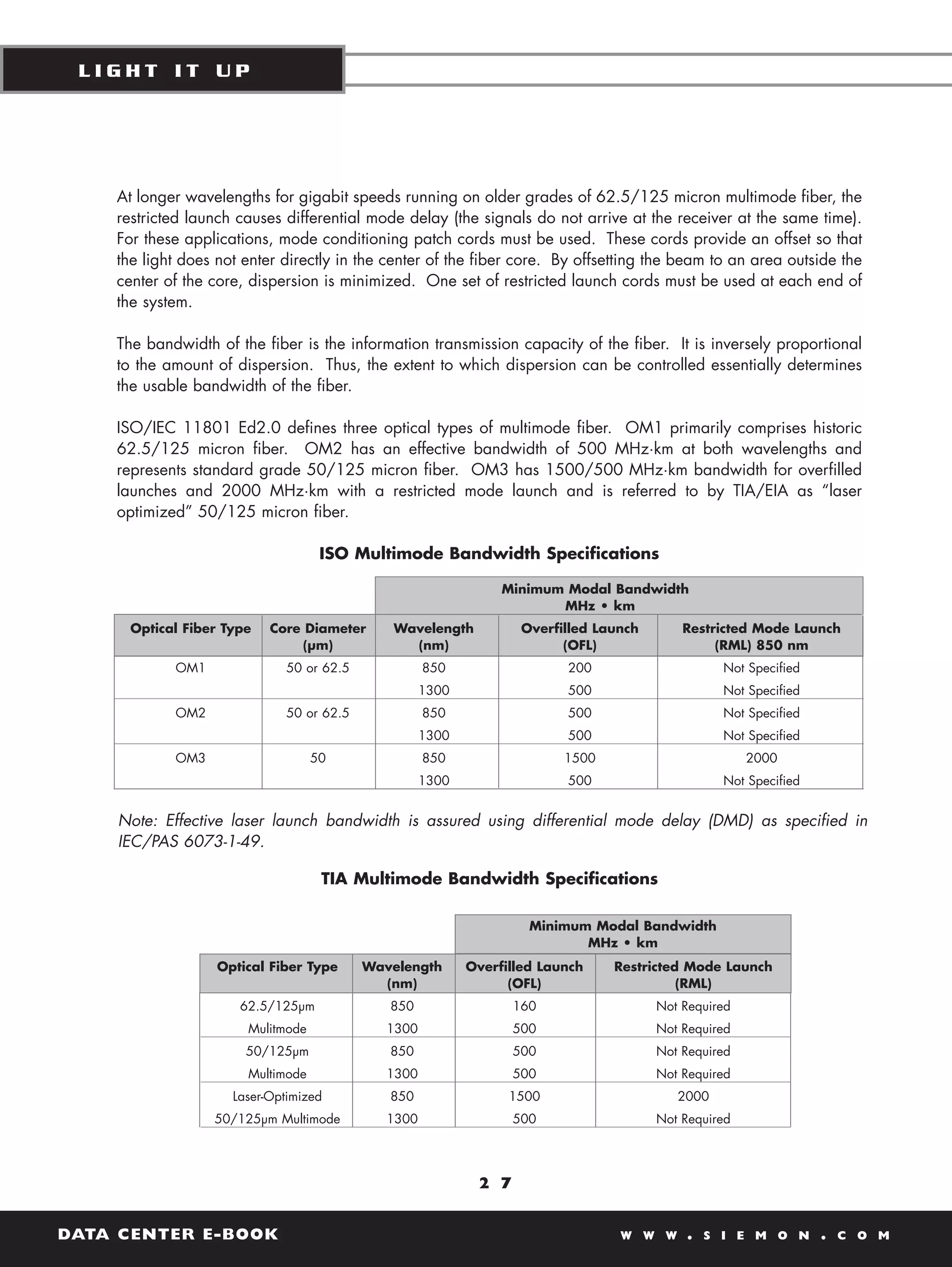 LIGHT IT UP




    At longer wavelengths for gigabit speeds running on older grades of 62.5/125 micron multimode fiber, the
    restricted launch causes differential mode delay (the signals do not arrive at the receiver at the same time).
    For these applications, mode conditioning patch cords must be used. These cords provide an offset so that
    the light does not enter directly in the center of the fiber core. By offsetting the beam to an area outside the
    center of the core, dispersion is minimized. One set of restricted launch cords must be used at each end of
    the system.

    The bandwidth of the fiber is the information transmission capacity of the fiber. It is inversely proportional
    to the amount of dispersion. Thus, the extent to which dispersion can be controlled essentially determines
    the usable bandwidth of the fiber.

    ISO/IEC 11801 Ed2.0 defines three optical types of multimode fiber. OM1 primarily comprises historic
    62.5/125 micron fiber. OM2 has an effective bandwidth of 500 MHz·km at both wavelengths and
    represents standard grade 50/125 micron fiber. OM3 has 1500/500 MHz·km bandwidth for overfilled
    launches and 2000 MHz·km with a restricted mode launch and is referred to by TIA/EIA as “laser
    optimized” 50/125 micron fiber.

                                    ISO Multimode Bandwidth Specifications

                                                                Minimum Modal Bandwidth
                                                                       MHz • km
      Optical Fiber Type   Core Diameter     Wavelength            Overfilled Launch       Restricted Mode Launch
                                (µm)           (nm)                      (OFL)                  (RML) 850 nm
            OM1              50 or 62.5             850                  200                     Not Specified
                                                    1300                 500                     Not Specified
            OM2              50 or 62.5             850                  500                     Not Specified
                                                    1300                 500                     Not Specified
            OM3                    50               850                  1500                         2000
                                                    1300                 500                     Not Specified


    Note: Effective laser launch bandwidth is assured using differential mode delay (DMD) as specified in
    IEC/PAS 6073-1-49.

                                    TIA Multimode Bandwidth Specifications

                                                                    Minimum Modal Bandwidth
                                                                           MHz • km
                   Optical Fiber Type     Wavelength       Overfilled Launch    Restricted Mode Launch
                                            (nm)                 (OFL)                    (RML)
                      62.5/125µm             850                  160                  Not Required
                       Mulitmode             1300                 500                  Not Required
                       50/125µm              850                  500                  Not Required
                       Multimode             1300                 500                  Not Required
                     Laser-Optimized         850                 1500                     2000
                  50/125µm Multimode         1300                 500                  Not Required




                                                            2 7


DATA CENTER E-BOOK                                                               W W W     .   S I E M O N       .   C O M
 