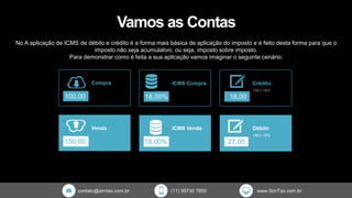 contato@simtax.com.br (11) 95730 7800 www.SimTax.com.br
Vamos as Contas
No A aplicação de ICMS de débito e crédito é a forma mais básica de aplicação do imposto e é feito desta forma para que o
imposto não seja acumulativo, ou seja, imposto sobre imposto.
Para demonstrar como é feita a sua aplicação vamos imaginar o seguinte cenário:
 