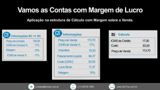 contato@simtax.com.br (11) 95730 7800 www.SimTax.com.br
Vamos as Contas com Margem de Lucro
Aplicação na estrutura de Cálculo com Margem sobre a Venda.
 