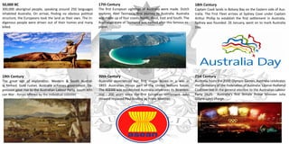 50,000 BC
300,000 aboriginal people, speaking around 250 languages
inhabited Australia. On arrival, finding no obvious political
structure, the Europeans took the land as their own. The In-
digenous people were driven out of their homes and many
killed.
19th Century
The great age of exploration. Western & South Austral-
ia formed. Gold rushes. Australia achieves government. De-
pression gave rise to the Australian Labour Party. South Afri-
can War - forces offered by the individual colonies
17th Century
The first European sightings of Australia were made. Dutch
explorer, Abel Tasman's, first journey to Australia. Australia
was made up of four coasts North, West, East and South. The
Australian state of Tasmania was named after this famous ex-
plorer.
18th Century
Captain Cook lands in Botany Bay on the Eastern side of Aus-
tralia. The First Fleet arrives at Sydney Cove under Captain
Arthur Phillip to establish the first settlement in Australia.
Sydney was founded. 26 January, went on to mark Australia
Day.
20th Century
Australia experiences her first major losses in a war in
1915 .Australian troops part of the United Nations forces.
The ASEAN was established Australia celebrates its Bicenten-
nial - 200 years since the first European settlement. John
Howard replaced Paul Keating as Prime Minister.
21st Century
Australia hosts the 2000 Olympic Games. Australia celebrates
the Centenary of the Federation of Australia. Liberal-National
Coalition lost in the general election to the Australian Labour
Party (ALP). Australia's first female Prime Minister Julia
Gillard takes charge.
 