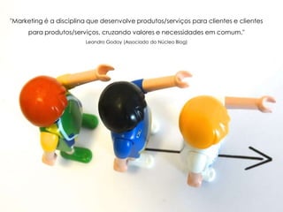 "Marketing é a disciplina que desenvolve produtos/serviços para clientes e clientes
para produtos/serviços, cruzando valores e necessidades em comum."
Leandro Godoy (Associado do Núcleo Blog)
 