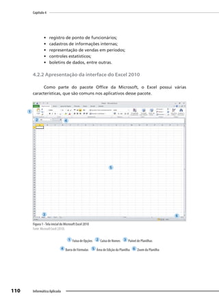 Capítulo 4
110 Informática Aplicada
• registro de ponto de funcionários;
• cadastros de informações internas;
• representação de vendas em períodos;
• controles estatísticos;
• boletins de dados, entre outras.
4.2.2 Apresentação da interface do Excel 2010
Como parte do pacote Office da Microsoft, o Excel possui várias
características, que são comuns nos aplicativos desse pacote.
Figura 1 -Tela inicial do Microsoft Excel 2010
Fonte: Microsoft Excel (2010).
1 Faixa de Opções 2 Caixa de Nomes 3 Painel de Planilhas
4 Barra de Fórmulas 5 Área de Edição da Planilha 6 Zoom da Planilha
2
3
4
1
5
6
 