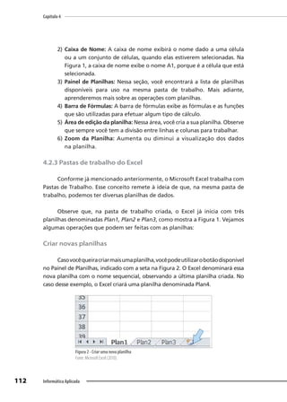 Capítulo 4
112 Informática Aplicada
2) Caixa de Nome: A caixa de nome exibirá o nome dado a uma célula
ou a um conjunto de células, quando elas estiverem selecionadas. Na
Figura 1, a caixa de nome exibe o nome A1, porque é a célula que está
selecionada.
3) Painel de Planilhas: Nessa seção, você encontrará a lista de planilhas
disponíveis para uso na mesma pasta de trabalho. Mais adiante,
aprenderemos mais sobre as operações com planilhas.
4) Barra de Fórmulas: A barra de fórmulas exibe as fórmulas e as funções
que são utilizadas para efetuar algum tipo de cálculo.
5) Área de edição da planilha: Nessa área, você cria a sua planilha. Observe
que sempre você tem a divisão entre linhas e colunas para trabalhar.
6) Zoom da Planilha: Aumenta ou diminui a visualização dos dados
na planilha.
4.2.3 Pastas de trabalho do Excel
Conforme já mencionado anteriormente, o Microsoft Excel trabalha com
Pastas de Trabalho. Esse conceito remete à ideia de que, na mesma pasta de
trabalho, podemos ter diversas planilhas de dados.
Observe que, na pasta de trabalho criada, o Excel já inicia com três
planilhas denominadas Plan1, Plan2 e Plan3, como mostra a Figura 1. Vejamos
algumas operações que podem ser feitas com as planilhas:
Criar novas planilhas
Casovocêqueiracriarmaisumaplanilha,vocêpodeutilizarobotãodisponível
no Painel de Planilhas, indicado com a seta na Figura 2. O Excel denominará essa
nova planilha com o nome sequencial, observando a última planilha criada. No
caso desse exemplo, o Excel criará uma planilha denominada Plan4.
Figura 2 - Criar uma nova planilha
Fonte: Microsoft Excel (2010).
 