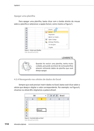Capítulo 4
114 Informática Aplicada
Apagar uma planilha
Para apagar uma planilha, basta clicar com o botão direito do mouse
sobre a planilha e selecionar a opção Excluir, como mostra a Figura 5.
Figura 5 - Excluir uma Planilha
Fonte: Microsoft Excel (2010).
LEMBRETE
LEMBRETE
Quando for excluir uma planilha, tenha muito
cuidado, pois pode acontecer de outras planilhas
estarem utilizando dados da planilha que você
deseja apagar.
4.2.4 Navegando nas células de dados do Excel
Sempre que você precisar inserir dados no Excel, basta você clicar sobre a
célula que deseja e digitar o valor correspondente. Por exemplo: na Figura 6,
clicamos na célula B4 e digitamos a palavra Brasil.
Figura 6 - Inserindo dados no Excel
Fonte: Microsoft Excel (2010).
 