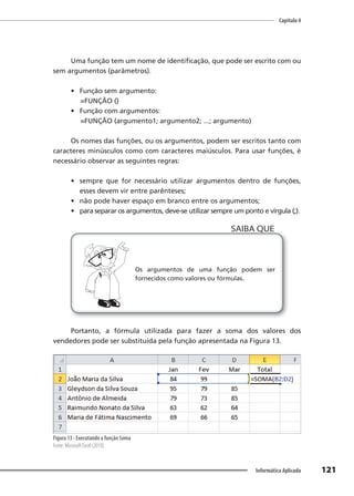 Capítulo 4
121
Informática Aplicada
Uma função tem um nome de identificação, que pode ser escrito com ou
sem argumentos (parâmetros).
• Função sem argumento:
=FUNÇÃO ()
• Função com argumentos:
=FUNÇÃO (argumento1; argumento2; ...; argumento)
Os nomes das funções, ou os argumentos, podem ser escritos tanto com
caracteres minúsculos como com caracteres maiúsculos. Para usar funções, é
necessário observar as seguintes regras:
• sempre que for necessário utilizar argumentos dentro de funções,
esses devem vir entre parênteses;
• não pode haver espaço em branco entre os argumentos;
• para separar os argumentos, deve-se utilizar sempre um ponto e vírgula (;).
Os argumentos de uma função podem ser
fornecidos como valores ou fórmulas.
SAIBA QUE
Portanto, a fórmula utilizada para fazer a soma dos valores dos
vendedores pode ser substituída pela função apresentada na Figura 13.
Figura 13 - Executando a função Soma
Fonte: Microsoft Excel (2010).
 