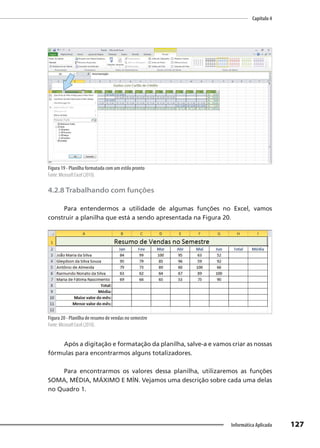Capítulo 4
127
Informática Aplicada
Figura 19 - Planilha formatada com um estilo pronto
Fonte: Microsoft Excel (2010).
4.2.8 Trabalhando com funções
Para entendermos a utilidade de algumas funções no Excel, vamos
construir a planilha que está a sendo apresentada na Figura 20.
Figura 20 - Planilha de resumo de vendas no semestre
Fonte: Microsoft Excel (2010).
Após a digitação e formatação da planilha, salve-a e vamos criar as nossas
fórmulas para encontrarmos alguns totalizadores.
Para encontrarmos os valores dessa planilha, utilizaremos as funções
SOMA, MÉDIA, MÁXIMO E MÍN. Vejamos uma descrição sobre cada uma delas
no Quadro 1.
 