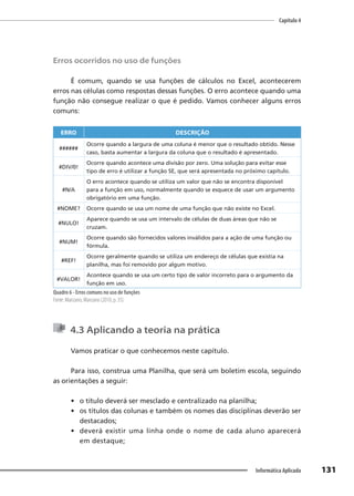 Capítulo 4
131
Informática Aplicada
Erros ocorridos no uso de funções
É comum, quando se usa funções de cálculos no Excel, acontecerem
erros nas células como respostas dessas funções. O erro acontece quando uma
função não consegue realizar o que é pedido. Vamos conhecer alguns erros
comuns:
ERRO DESCRIÇÃO
######
Ocorre quando a largura de uma coluna é menor que o resultado obtido. Nesse
caso, basta aumentar a largura da coluna que o resultado é apresentado.
#DIV/0!
Ocorre quando acontece uma divisão por zero. Uma solução para evitar esse
tipo de erro é utilizar a função SE, que será apresentada no próximo capítulo.
#N/A
O erro acontece quando se utiliza um valor que não se encontra disponível
para a função em uso, normalmente quando se esquece de usar um argumento
obrigatório em uma função.
#NOME? Ocorre quando se usa um nome de uma função que não existe no Excel.
#NULO!
Aparece quando se usa um intervalo de células de duas áreas que não se
cruzam.
#NUM!
Ocorre quando são fornecidos valores inválidos para a ação de uma função ou
fórmula.
#REF!
Ocorre geralmente quando se utiliza um endereço de células que existia na
planilha, mas foi removido por algum motivo.
#VALOR!
Acontece quando se usa um certo tipo de valor incorreto para o argumento da
função em uso.
Quadro 6 - Erros comuns no uso de funções
Fonte: Manzano; Manzano (2010, p. 35).
4.3 Aplicando a teoria na prática
Vamos praticar o que conhecemos neste capítulo.
Para isso, construa uma Planilha, que será um boletim escola, seguindo
as orientações a seguir:
• o título deverá ser mesclado e centralizado na planilha;
• os títulos das colunas e também os nomes das disciplinas deverão ser
destacados;
• deverá existir uma linha onde o nome de cada aluno aparecerá
em destaque;
 