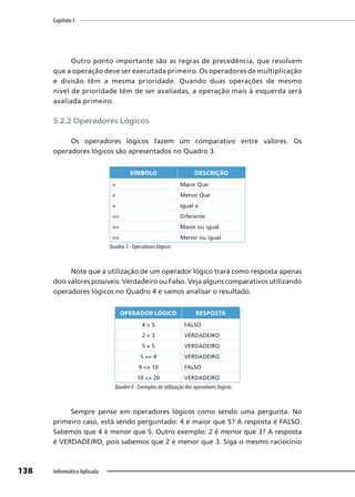 Capítulo 5
138 Informática Aplicada
Outro ponto importante são as regras de precedência, que resolvem
que a operação deve ser executada primeiro. Os operadores de multiplicação
e divisão têm a mesma prioridade. Quando duas operações de mesmo
nível de prioridade têm de ser avaliadas, a operação mais à esquerda será
avaliada primeiro.
5.2.2 Operadores Lógicos
Os operadores lógicos fazem um comparativo entre valores. Os
operadores lógicos são apresentados no Quadro 3.
SÍMBOLO DESCRIÇÃO
> Maior Que
< Menor Que
= Igual a
<> Diferente
>= Maior ou igual
<= Menor ou igual
Quadro 3 - Operadores lógicos
Note que a utilização de um operador lógico trará como resposta apenas
dois valores possíveis: Verdadeiro ou Falso. Veja alguns comparativos utilizando
operadores lógicos no Quadro 4 e vamos analisar o resultado.
OPERADOR LÓGICO RESPOSTA
4 > 5 FALSO
2 < 3 VERDADEIRO
5 = 5 VERDADEIRO
5 >= 4 VERDADEIRO
9 <= 10 FALSO
10 <> 20 VERDADEIRO
Quadro 4 - Exemplos de utilização dos operadores lógicos
Sempre pense em operadores lógicos como sendo uma pergunta. No
primeiro caso, está sendo perguntado: 4 é maior que 5? A resposta é FALSO.
Sabemos que 4 é menor que 5. Outro exemplo: 2 é menor que 3? A resposta
é VERDADEIRO, pois sabemos que 2 é menor que 3. Siga o mesmo raciocínio
 