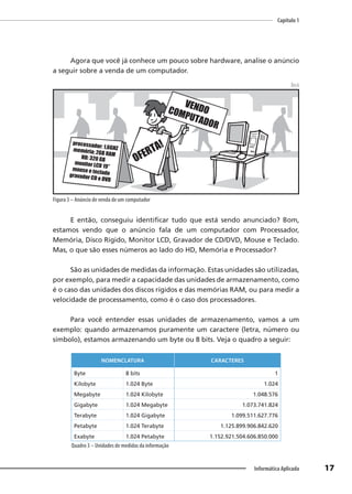 Capítulo 1
17
Informática Aplicada
Agora que você já conhece um pouco sobre hardware, analise o anúncio
a seguir sobre a venda de um computador.
Beck
Figura 3 – Anúncio de venda de um computador
E então, conseguiu identificar tudo que está sendo anunciado? Bom,
estamos vendo que o anúncio fala de um computador com Processador,
Memória, Disco Rígido, Monitor LCD, Gravador de CD/DVD, Mouse e Teclado.
Mas, o que são esses números ao lado do HD, Memória e Processador?
São as unidades de medidas da informação. Estas unidades são utilizadas,
por exemplo, para medir a capacidade das unidades de armazenamento, como
é o caso das unidades dos discos rígidos e das memórias RAM, ou para medir a
velocidade de processamento, como é o caso dos processadores.
Para você entender essas unidades de armazenamento, vamos a um
exemplo: quando armazenamos puramente um caractere (letra, número ou
símbolo), estamos armazenando um byte ou 8 bits. Veja o quadro a seguir:
NOMENCLATURA CARACTERES
Byte 8 bits 1
Kilobyte 1.024 Byte 1.024
Megabyte 1.024 Kilobyte 1.048.576
Gigabyte 1.024 Megabyte 1.073.741.824
Terabyte 1.024 Gigabyte 1.099.511.627.776
Petabyte 1.024 Terabyte 1.125.899.906.842.620
Exabyte 1.024 Petabyte 1.152.921.504.606.850.000
Quadro 3 – Unidades de medidas da informação
 