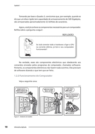 Capítulo 1
18 Informática Aplicada
Tomando por base o Quadro 3, concluímos que, por exemplo, quando se
diz que um disco rígido tem capacidade de armazenamento de 320 Gigabytes,
são armazenados aproximadamente 3,5 bilhões de caracteres.
Agora, você já conhece os componentes necessários para um computador.
Reflita sobre a pergunta a seguir:
Se você conectar todo o hardware e ligar a CPU
na corrente elétrica, já terá o seu computador
funcionando?
REFLEXÃO
Na verdade, esses são componentes eletrônicos que obedecerão aos
comandos enviados pelos programas de computador, chamados softwares.
Portanto, os componentes eletrônicos não fazem nada sozinhos. Eles precisam
de softwares dizendo o que tem que ser feito.
1.2.2 Funcionamento do Computador
Veja a seguinte cena:
Beck
Figura 4 – Ambiente de trabalho
 