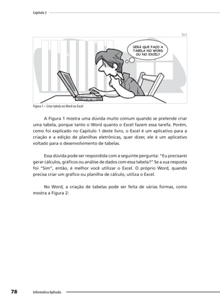 Capítulo 3
78 Informática Aplicada
Beck
Figura 1 – Criar tabela noWord ou Excel
A Figura 1 mostra uma dúvida muito comum quando se pretende criar
uma tabela, porque tanto o Word quanto o Excel fazem essa tarefa. Porém,
como foi explicado no Capítulo 1 deste livro, o Excel é um aplicativo para a
criação e a edição de planilhas eletrônicas, quer dizer, ele é um aplicativo
voltado para o desenvolvimento de tabelas.
Essa dúvida pode ser respondida com a seguinte pergunta: “Eu precisarei
gerar cálculos, gráficos ou análise de dados com essa tabela?” Se a sua resposta
foi “Sim”, então, é melhor você utilizar o Excel. O próprio Word, quando
precisa criar um gráfico ou planilha de cálculo, utiliza o Excel.
No Word, a criação de tabelas pode ser feita de várias formas, como
mostra a Figura 2:
 