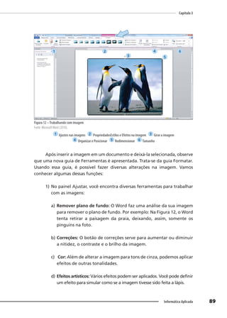 Capítulo 3
89
Informática Aplicada
Figura 12 –Trabalhando com imagem
Fonte: MicrosoftWord (2010).
1 Ajustes nas imagens 2 PropriedadesEstilos e Efeitos na imagem 3 Girar a imagem
4 Organizar e Posicionar 5 Redimensionar 6 Tamanho
Após inserir a imagem em um documento e deixá-la selecionada, observe
que uma nova guia de Ferramentas é apresentada. Trata-se da guia Formatar.
Usando essa guia, é possível fazer diversas alterações na imagem. Vamos
conhecer algumas dessas funções:
1) No painel Ajustar, você encontra diversas ferramentas para trabalhar
com as imagens:
a) Remover plano de fundo: O Word faz uma análise da sua imagem
para remover o plano de fundo. Por exemplo: Na Figura 12, o Word
tenta retirar a paisagem da praia, deixando, assim, somente os
pinguins na foto.
b) Correções: O botão de correções serve para aumentar ou diminuir
a nitidez, o contraste e o brilho da imagem.
c) Cor: Além de alterar a imagem para tons de cinza, podemos aplicar
efeitos de outras tonalidades.
d) Efeitos artísticos: Vários efeitos podem ser aplicados. Você pode definir
um efeito para simular como se a imagem tivesse sido feita a lápis.
1 2
3
4
5
6
 
