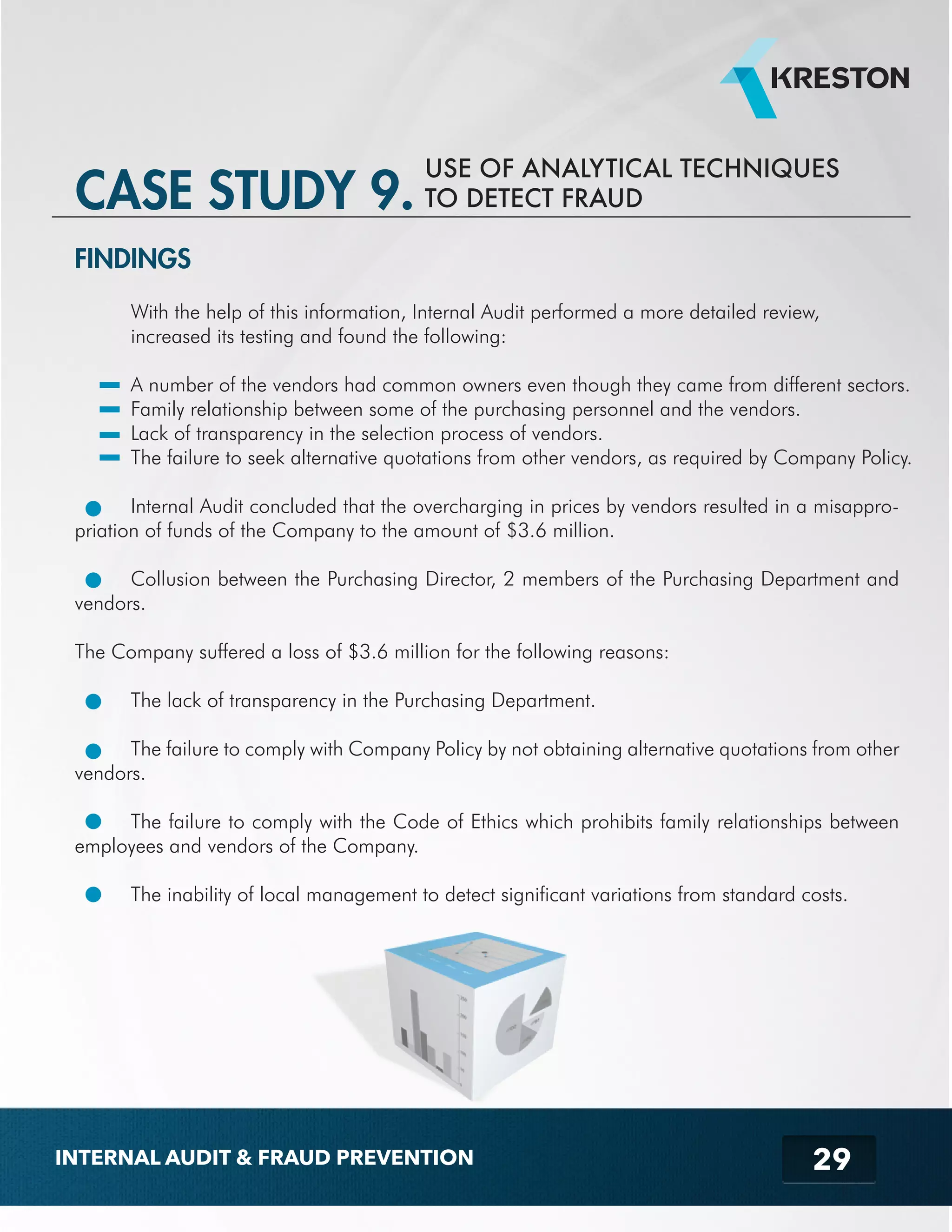 USE OF ANALYTICAL TECHNIQUES 
29 
CASE STUDY 9. TO DETECT FRAUD 
FINDINGS 
With the help of this information, Internal Audit performed a more detailed review, 
increased its testing and found the following: 
A number of the vendors had common owners even though they came from different sectors. 
Family relationship between some of the purchasing personnel and the vendors. 
Lack of transparency in the selection process of vendors. 
The failure to seek alternative quotations from other vendors, as required by Company Policy. 
Internal Audit concluded that the overcharging in prices by vendors resulted in a misappro-priation 
of funds of the Company to the amount of $3.6 million. 
Collusion between the Purchasing Director, 2 members of the Purchasing Department and 
vendors. 
The Company suffered a loss of $3.6 million for the following reasons: 
The lack of transparency in the Purchasing Department. 
The failure to comply with Company Policy by not obtaining alternative quotations from other 
vendors. 
The failure to comply with the Code of Ethics which prohibits family relationships between 
employees and vendors of the Company. 
The inability of local management to detect significant variations from standard costs. 
INTERNAL AUDIT & FRAUD PREVENTION 
 