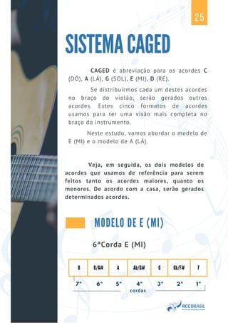 CAGED é abreviação para os acordes C
(DÓ), A (LÁ), G (SOL), E (MI), D (RÉ).
Se distribuirmos cada um destes acordes
no braço do violão, serão gerados outros
acordes. Estes cinco formatos de acordes
usamos para ter uma visão mais completa no
braço do instrumento.
Neste estudo, vamos abordar o modelo de
E (MI) e o modelo de A (LÁ).
SISTEMACAGED
25
Veja, em seguida, os dois modelos de
acordes que usamos de referência para serem
feitos tanto os acordes maiores, quanto os
menores. De acordo com a casa, serão gerados
determinados acordes.
B B/A# A Ab/G# G Gb/F# F
7ª 6ª 5ª 4ª 3ª 2ª 1ª
cordas
MODELO DE E (MI)
6ªCorda E (MI)
 