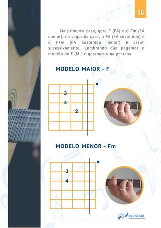 26
MODELO MAIOR - F
MODELO MENOR - Fm
Na primeira casa, gera F (FÁ) e o Fm (FÁ
menor); na segunda casa, o F# (FÁ sustenido) e
o F#m (FÁ sustenido menor) e assim
sucessivamente. Lembrando que pegamos o
modelo de E (MI) e geramos uma pestana
2
4
3
4
3
 