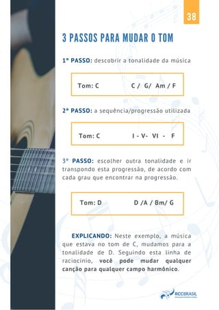 1º PASSO: descobrir a tonalidade da música
Tom: C C / G/ Am / F
2º PASSO: a sequência/progressão utilizada
Tom: C I - V- VI - F
3º PASSO: escolher outra tonalidade e ir
transpondo esta progressão, de acordo com
cada grau que encontrar na progressão.
Tom: D D /A / Bm/ G
EXPLICANDO: Neste exemplo, a música
que estava no tom de C, mudamos para a
tonalidade de D. Seguindo esta linha de
raciocínio, você pode mudar qualquer
canção para qualquer campo harmônico.
38
3 PASSOS PARA MUDAR O TOM
 