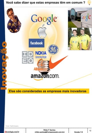 Você sabe dizer que estas empresas têm em comum ?




    Elas são consideradas as empresas mais inovadoras




Fonte: FastCompany

                                Rildo F Santos                       12
                     (rildo.santos@Companyweb.com.br)   Versão 7.0
 
